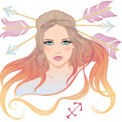 Zodiac. Vector illustration of the astrological sign of Sagittarius as a beautiful girl with long hair. Isolated on white background