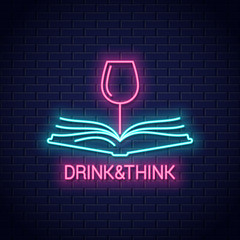 Wine glass with book neon sign. Drink wine read