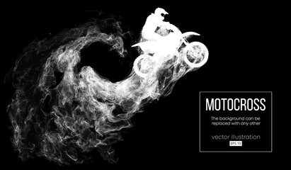 Abstract silhouette of a motocross rider on dark black background from particles, dust, smoke, steam. Motocross rider jumping and performs a trick. Background can be changed to any other. Vector