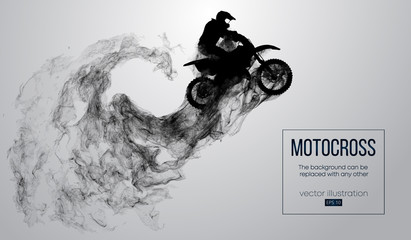 Abstract silhouette of a motocross rider on white background from particles, dust, smoke, steam. Motocross rider jumping and performs a trick. Background can be changed to any other. Vector