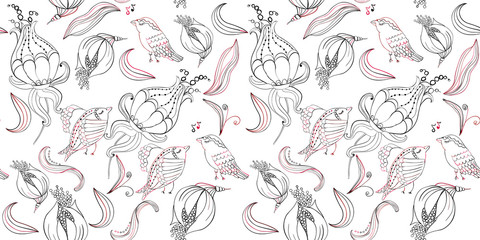 Seamless birds and flowers abstract pattern. Textile art hand drawn art