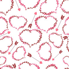 Seamless pattern made of heart shaped laurel wreaths, vector