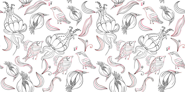 Seamless birds and flowers abstract pattern. Textile art hand drawn art