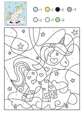 Cute unicorn vector coloring book by numbers for kids. Educational coloring game improve imagination.  To increase the level of concentration.