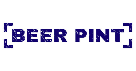 BEER PINT tag seal stamp with corroded effect. Text tag is placed inside corners. Blue vector rubber print of BEER PINT with corroded texture.