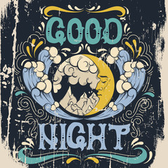Good night. Quote typographical background with hand drawn illustration of landscape with moon,clouds, mountains, sea waves in cartoon style.Template for card poster banner print for t-shirt.