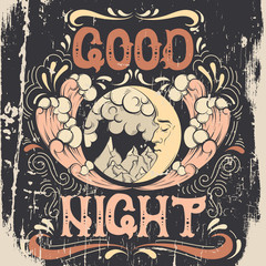 Good night. Quote typographical background with hand drawn illustration of landscape with moon,clouds, mountains, sea waves in cartoon style.Template for card poster banner print for t-shirt.