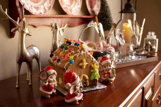 Gingerbread House Decor with Santa Mouse Figurines