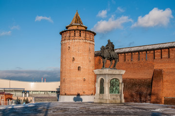 Russia, Moscow region, Kolomna, Marinkin Tower and Dmitry Donskoy Statue near the walls of the Kolomna Kremlin