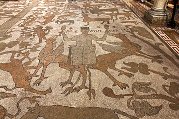 Alessandro Magno con due grifono nel grande mosaico pavimentale della Cattedrale di Otranto - obrazy, fototapety, plakaty
