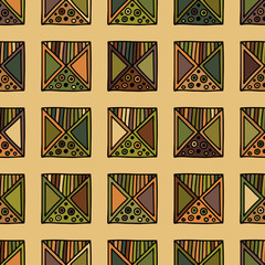 Seamless vector pattern. geometrical background with hand drawn decorative tribal elements. Print with ethnic, folk, traditional motifs. Graphic illustration for wrapping, wallpaper, fabric, packing