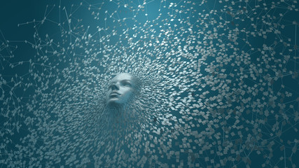 Technologies in the Future, artificial intelligence concep, dissolving female robot face. 3d render