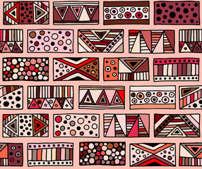 Obraz premium Seamless vector pattern. geometrical background with hand drawn decorative tribal elements. Print with ethnic, folk, traditional motifs. Graphic illustration for wrapping, wallpaper, fabric, packing