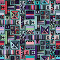 Seamless vector pattern. geometrical background with hand drawn decorative tribal elements. Print with ethnic, folk, traditional motifs. Graphic illustration for wrapping, wallpaper, fabric, packing