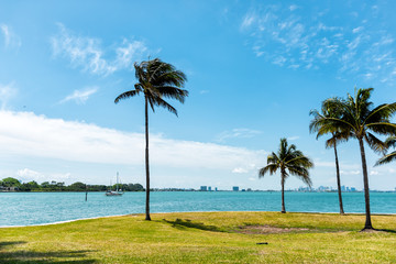 Bal Harbour Miami Florida with ocean Biscayne Bay Intracoastal water on Broad Causeway, palm trees in park and Indian Creek island