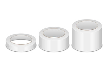 Vector Realistic White 3d GlossyTape Roll Different Size - Small, Medium, Big - Set or Mock-up Closeup Isolated. Design Template of Packaging Sticky Tape Roll or Adhesive Tape for Mockup. Front View