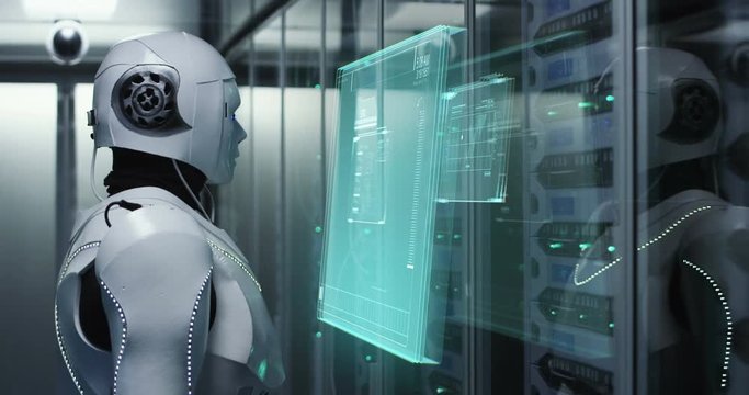 Medium shot of a humanoid robot using a virtual interface while working in a data center