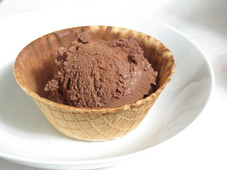 chocolate ice cream in waffle bowl