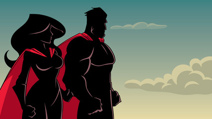 Silhouette cartoon illustration of determined superhero and superheroine, standing side by side and looking in one direction.