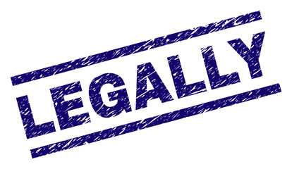 LEGALLY seal print with scratced style. Blue vector rubber print of LEGALLY text with grunge texture. Text label is placed between parallel lines.