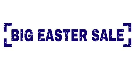 BIG EASTER SALE text seal print with corroded texture. Text tag is placed inside corners. Blue vector rubber print of BIG EASTER SALE with dust texture.