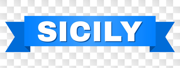 SICILY text on a ribbon. Designed with white caption and blue stripe. Vector banner with SICILY tag on a transparent background.