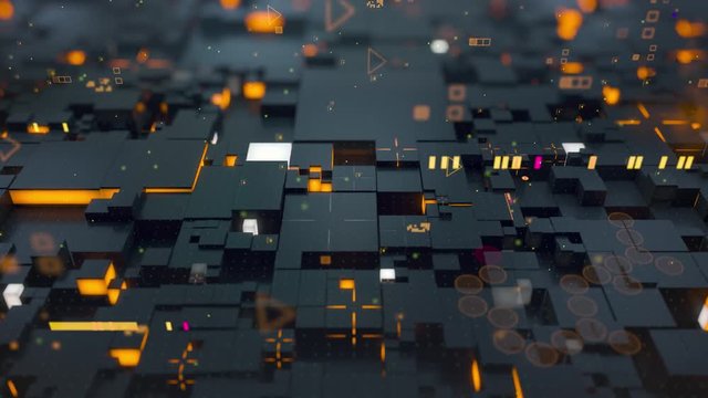 Seamless loop: 3d Digital technology concept. Black cubes with orange and yellow segments symbolize data block.
