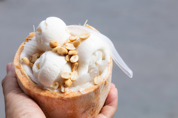 Coconut ice cream in coconut shell and roasted peanuts.
