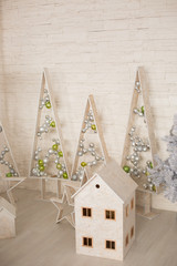 new year. Christmas decor. Christmas tree. wooden house decoration decorative