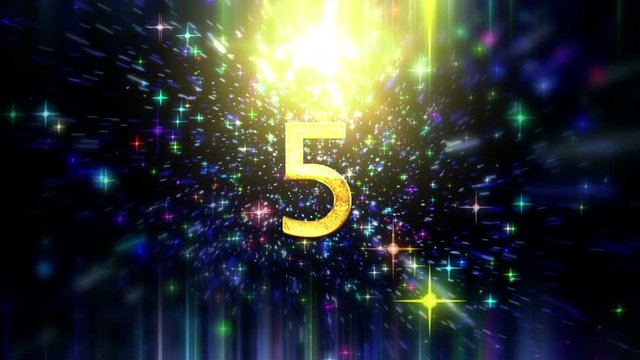 10 second sparkly countdown with a gold magical stars circle revealing the numbers and over a colorful particle background.
