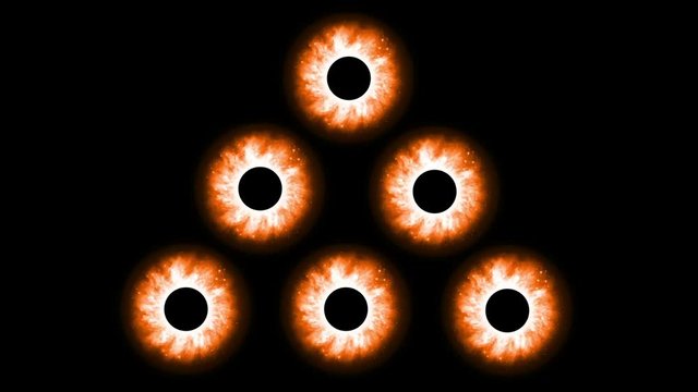 HD motion graphics animation featuring colorful eyes with pupil beating and some particles forming a pyramid.