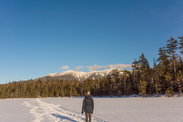 a woman looks across a frozen lake