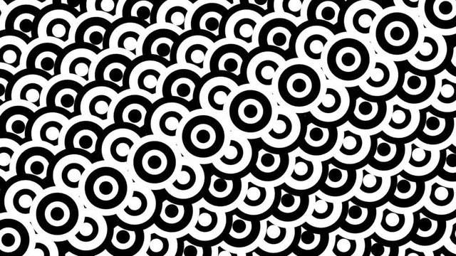 Black and white animated background featuring a seamless pattern with dynamic circle shapes. 