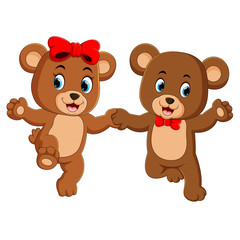 Fototapeta na wymiar two cute bears holding each hands with the happy faces