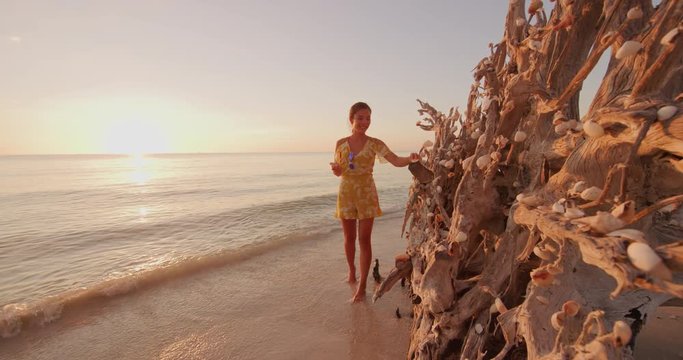 Beach seashells woman putting seashell conch shell on tree trunk at Lovers Key Shells in Florida near Fort Myers, USA. Girl on travel vacation holidays in Florida. Shot on RED camera SLOW MOTION.