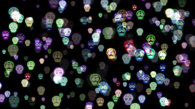 Seamless HD animation of glowing Sugar Skulls particles floating. 
