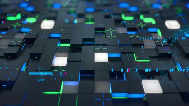 Seamless loop: 3d Digital technology concept. Black cubes with green and blue segments symbolize data block.
