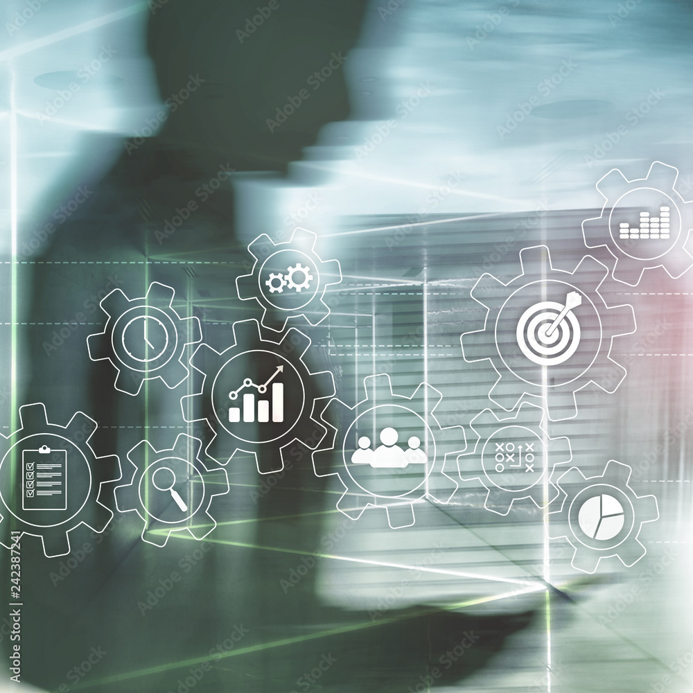 Poster business process automation concept. gears and icons on abstract background