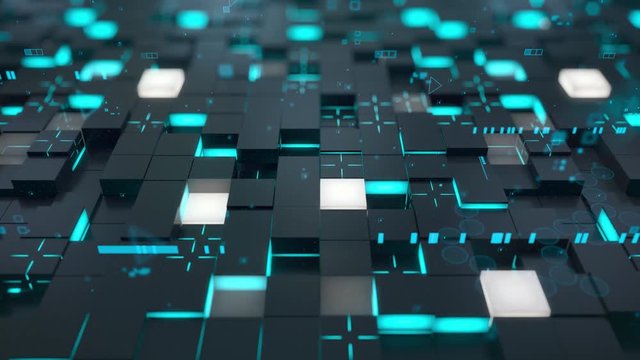 Seamless loop: 3d Digital technology concept. Black cubes with turquoise segments symbolize data block.