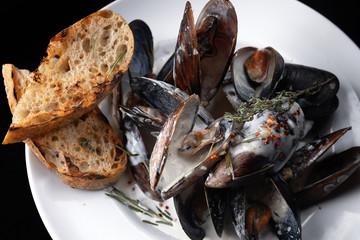 Mussels in sour cream sauce on a white plate on a dark background