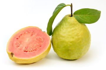 close-up guava fruit, pink, fresh, organic, with leaves, whole and sliced, isolated on white...