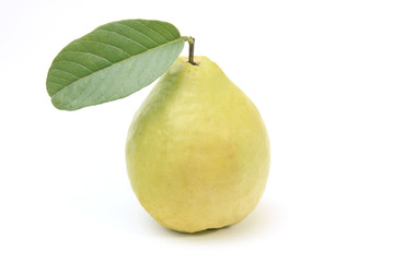 close-up guava fruit, pink, fresh, organic, with leaves, isolated on white background