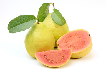close-up guava fruit, pink, fresh, organic, with leaves, whole and sliced, isolated on white...
