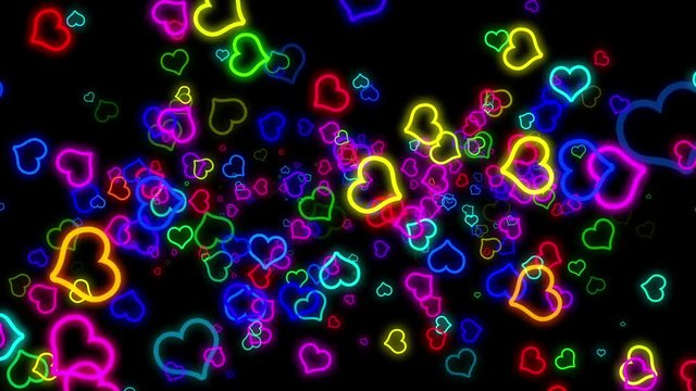 Valentines raibow color  glowing neon hearts particles