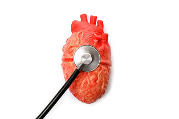 Heart model and stethoscope on white background, top view. Cardiology concept