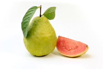 close-up guava fruit, pink, fresh, organic, with leaves, whole and sliced, isolated on white...