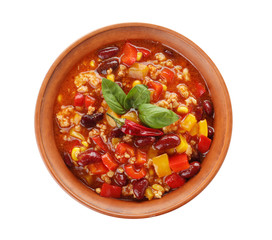 Bowl with tasty chili con carne on white background, top view