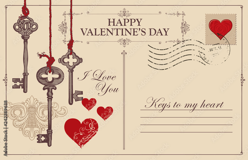 Poster retro valentine card in form of postcard with keys, keyhole and red hearts. romantic vector card in 