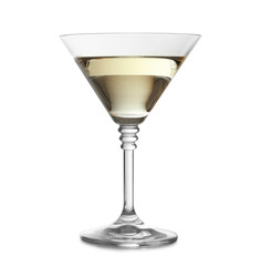 Glass of tasty martini on white background. Space for text
