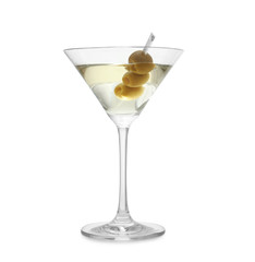Glass of olive martini on white background